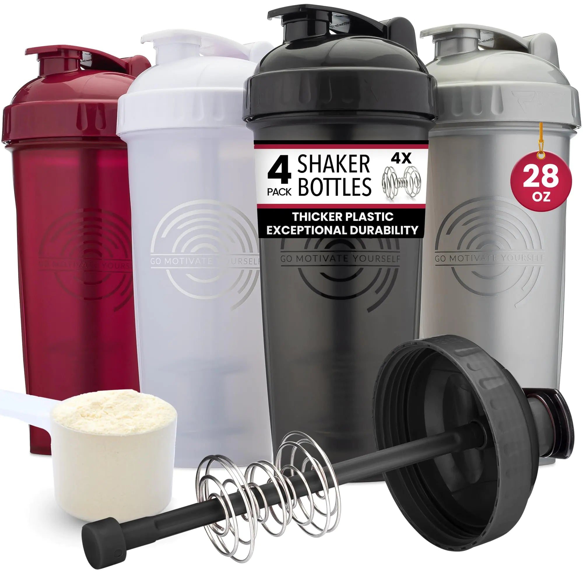 GOMOYO [4-Pack] 28 oz Protein Shaker Bottles | Bulk Shaker Cups for Protein Shakes | Large Blender Shaker Bottle Set | Dishwasher Safe with 4x Action-Rod Wire Mixers | Sports Nutrition Shaker Bottles